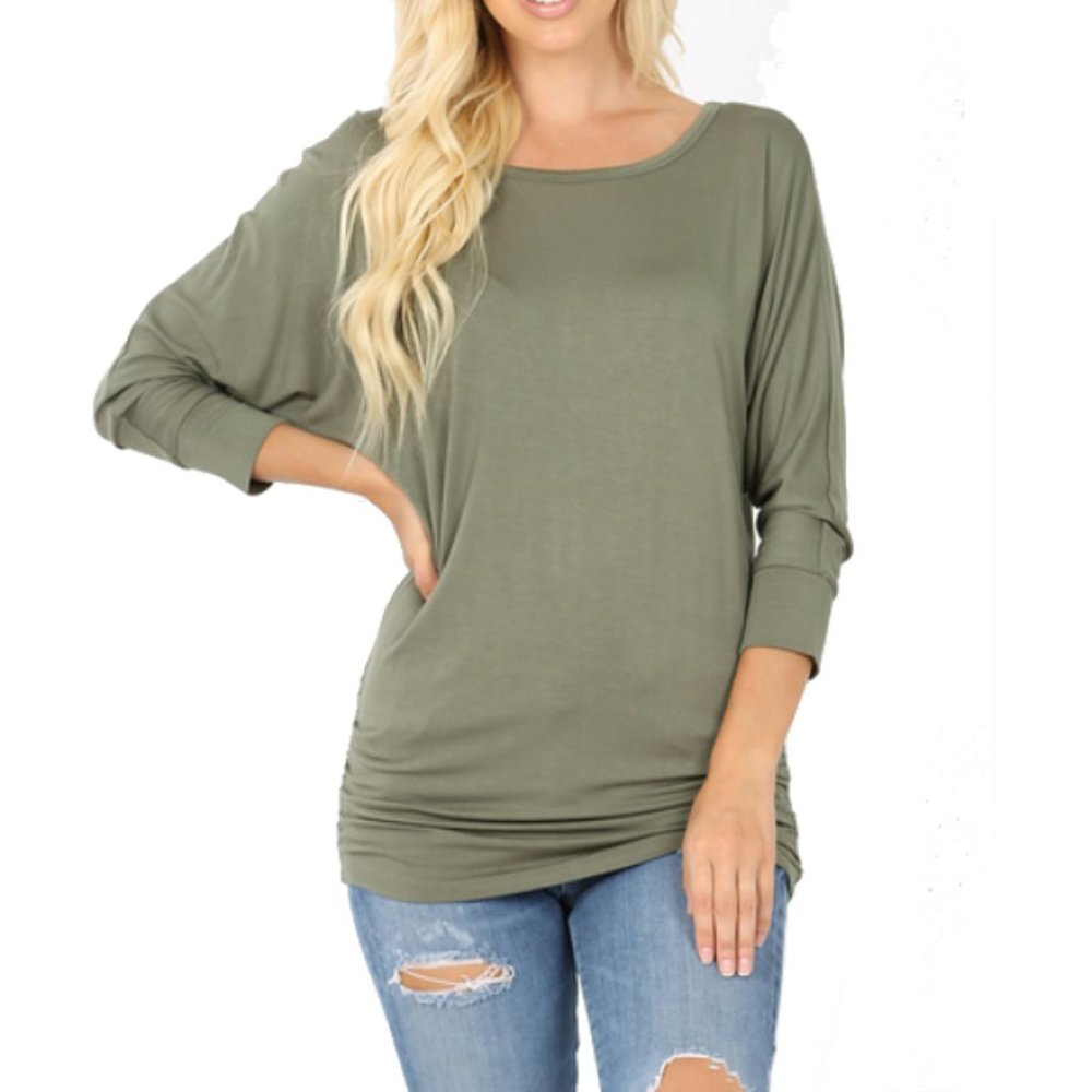 Light Olive Green 3/4 Sleeve Shirred Dolman Shirt